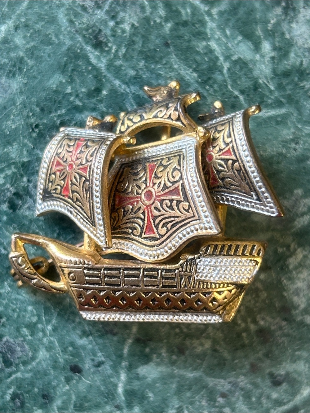 Vintage Damascene Spanish Galleon Ship Brooch Gold & Silver Tone Made in Spain